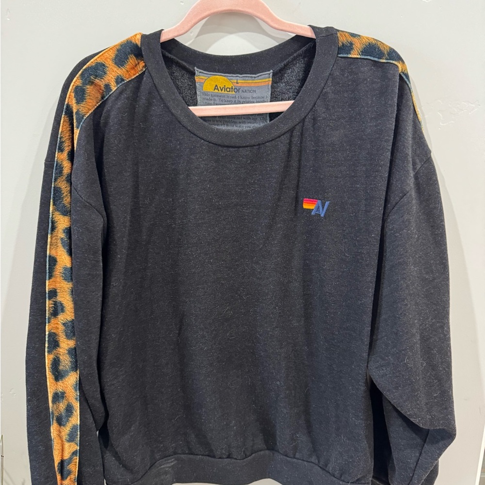 Aviator Nation Black Crewneck Sweater with Leopard-Print Shoulder Stripes
